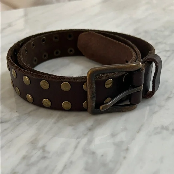 Vintage J Crew Brown Leather Belt with Studded Brass Accents - Picture 1 of 5